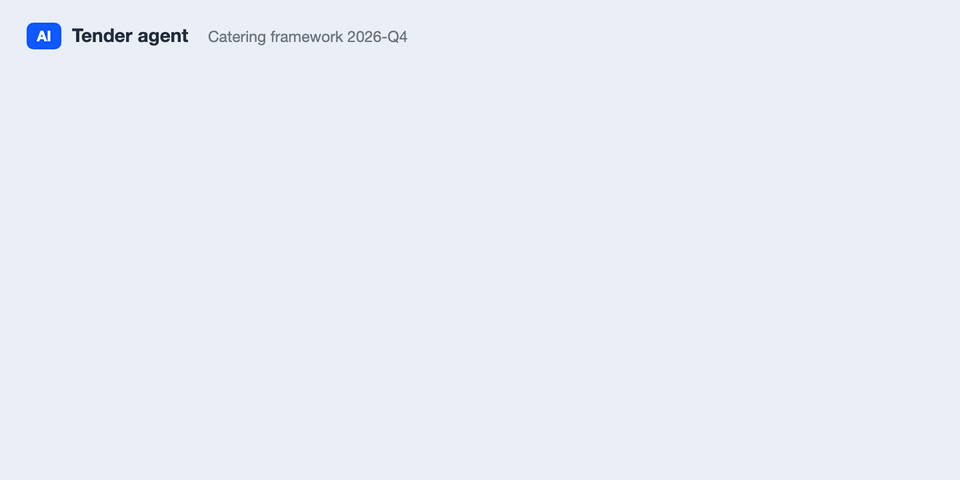 The tender agent reads the files, answers each row with its source and flags rows for named people; the bid manager reviews the package and signs off before it is submitted. Illustrative workflow with sample data.