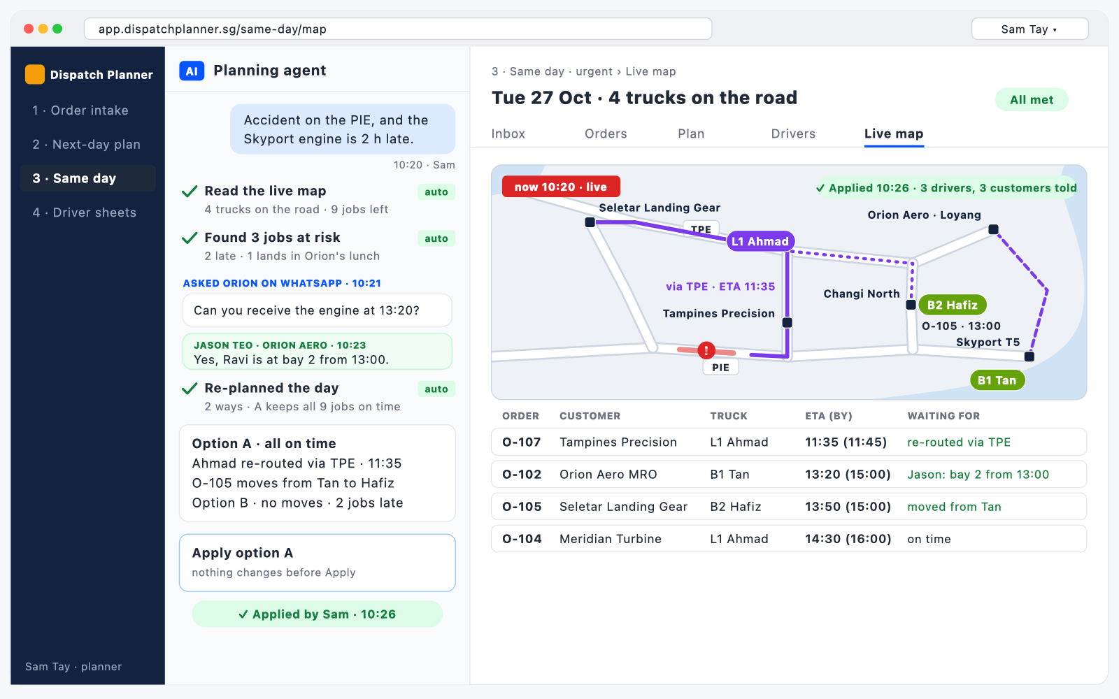 Dispatch planner: the agent has re-planned the day on the live map after a delay