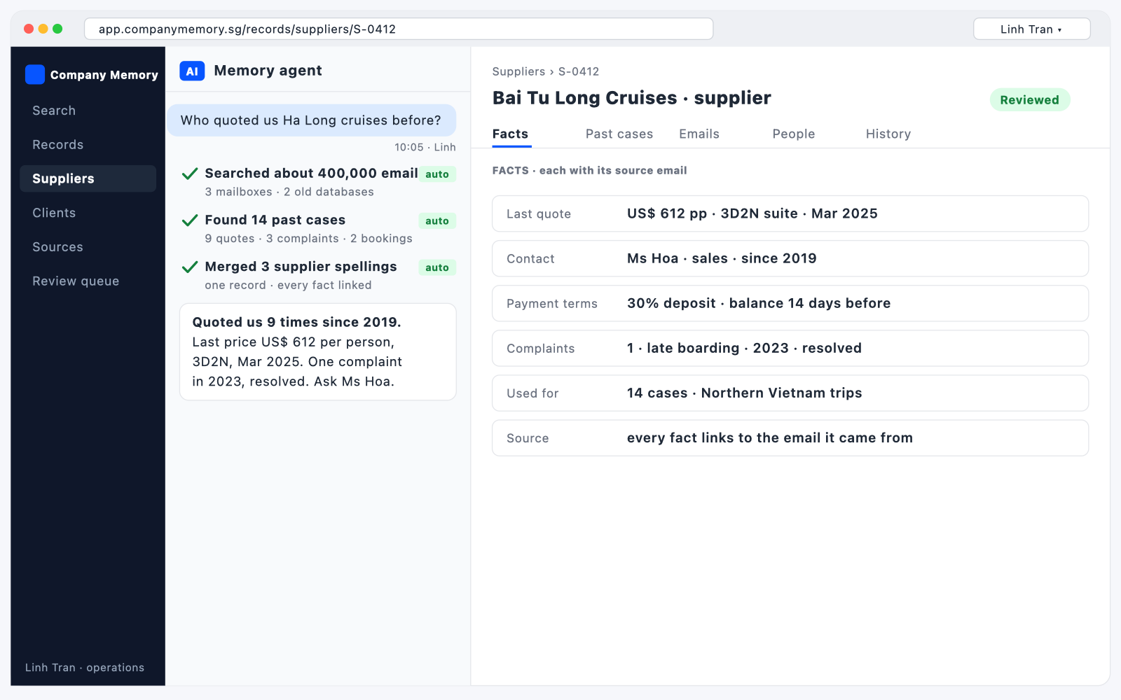 Company memory: a supplier record built from years of email, every fact with its source