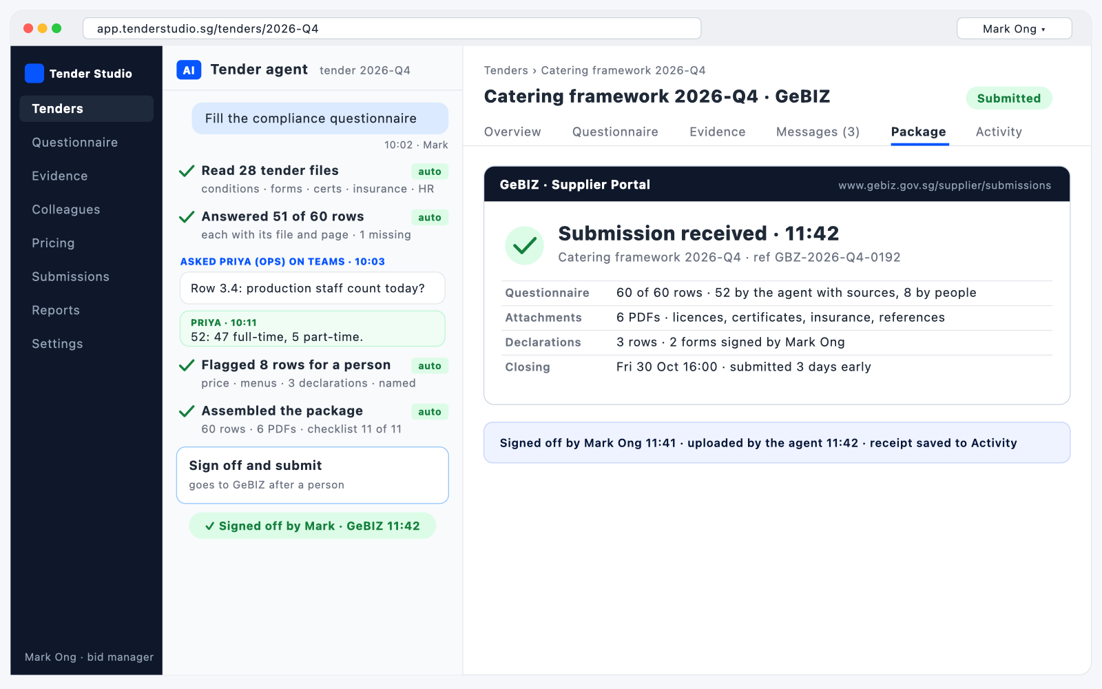 Tender Studio: the questionnaire answered with sources and submitted on GeBIZ