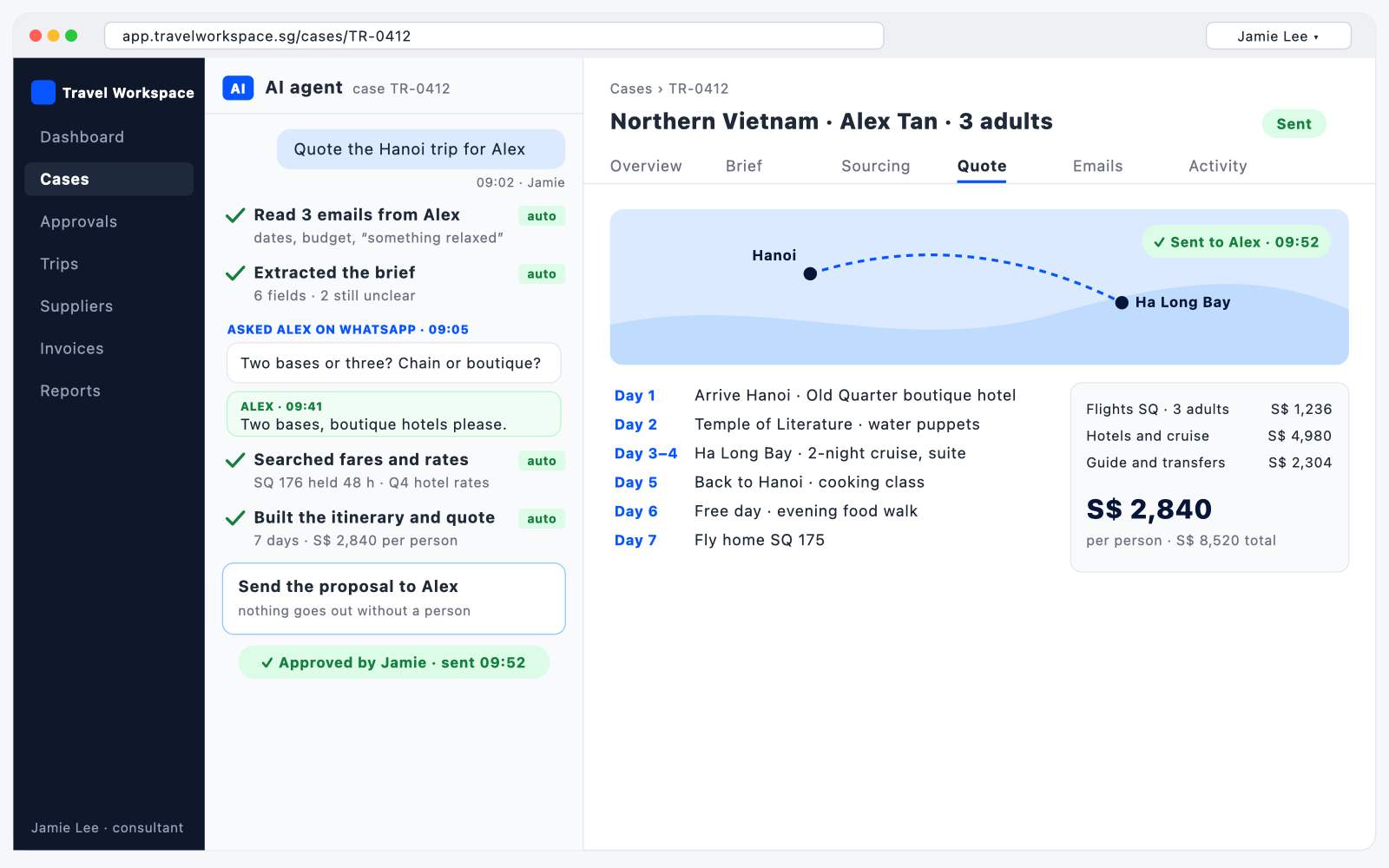 Travel Workspace: the AI agent has built the quote and waits for the consultant to approve it